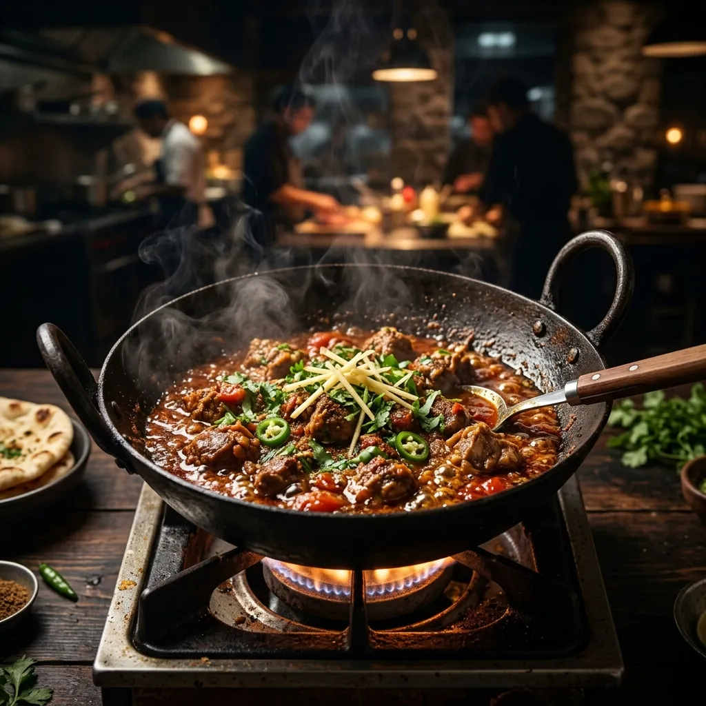 Authentic Lamb Karahi sizzling over open fire